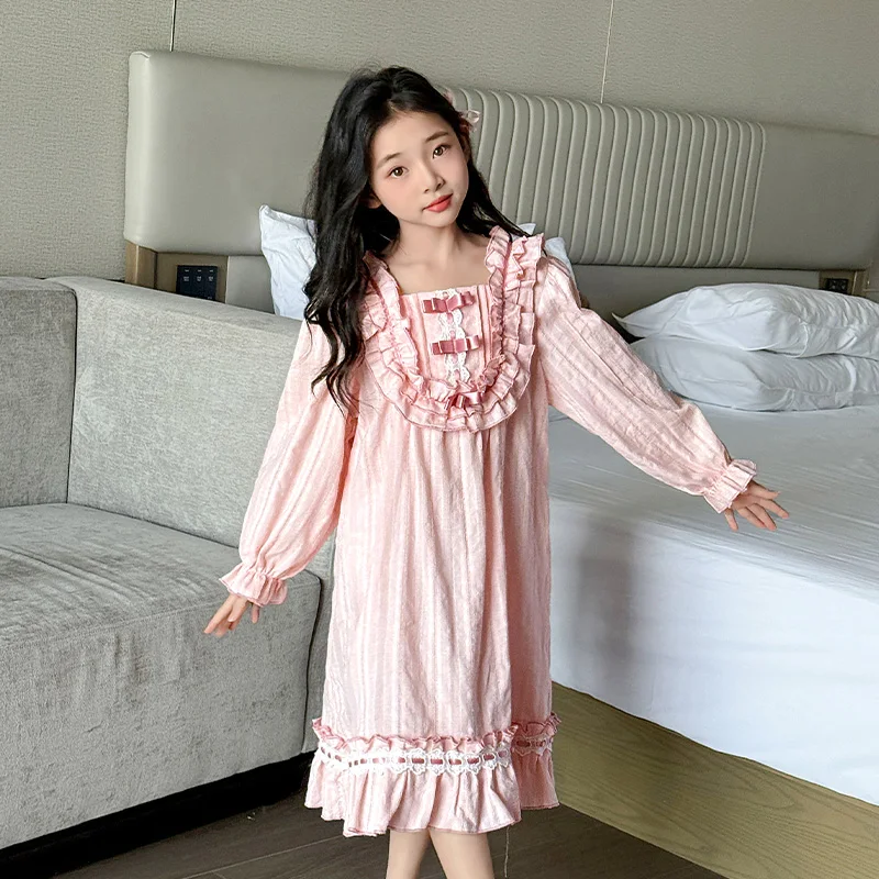 3-14Y Girls Nightgowns Puff Long Sleeve Sleepwear Sweetheart Nightgowns Cotton Sleeping Skirt Sleepwear Princess Nightdress  123