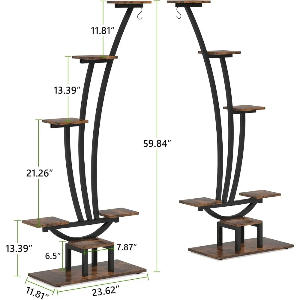 6-Tier Tall Indoor Plant Stand Pack of 2, Metal Curved Display Shelf with 2 Hanging Hooks, Multi-Purpose Bonsai Flower