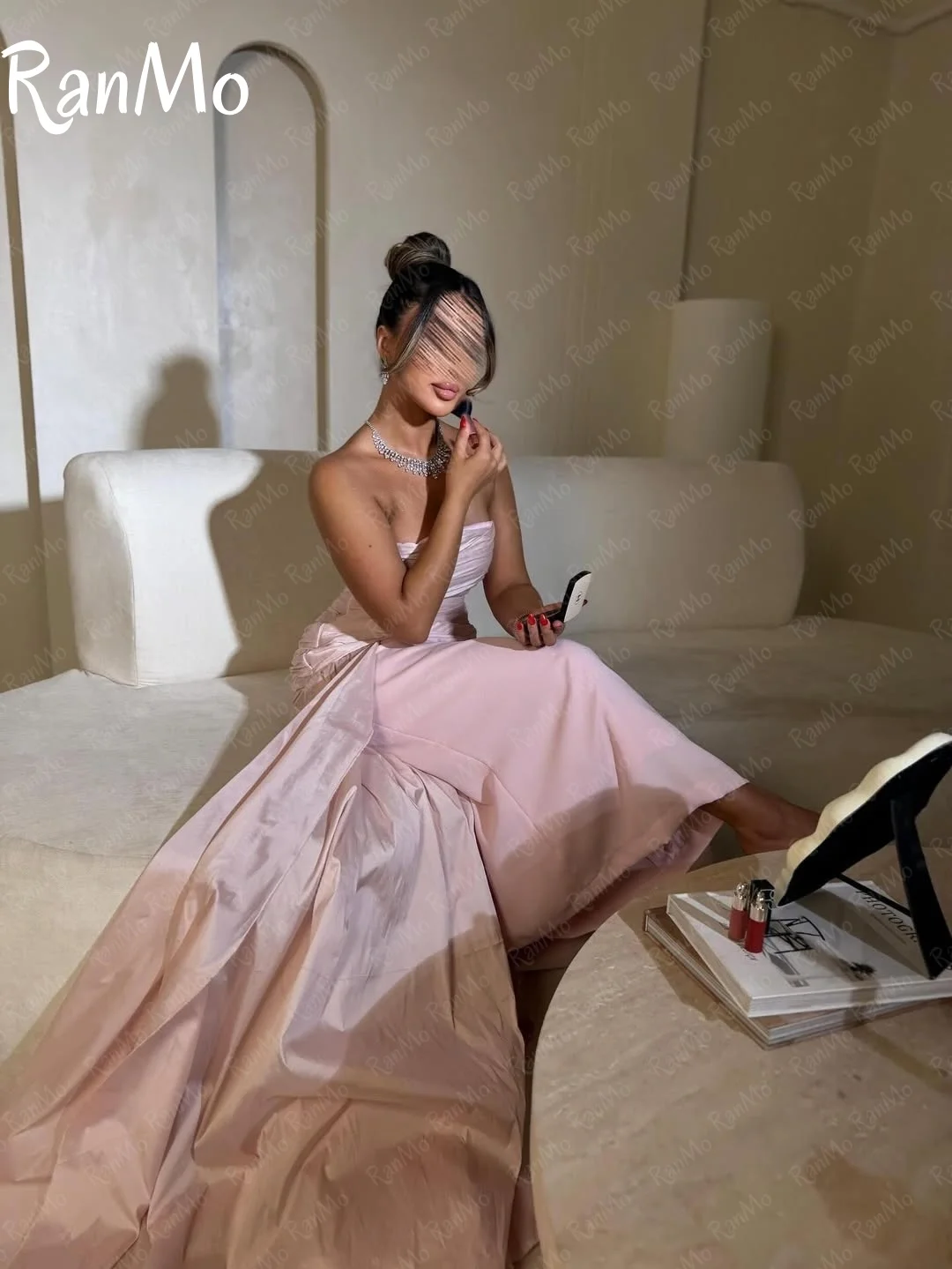 Ranmo Simple Pink Mermaid Evening Dress Strapless Pleats Ankle-Length Sleeveless Prom Dresses فساتين سهرة Customized