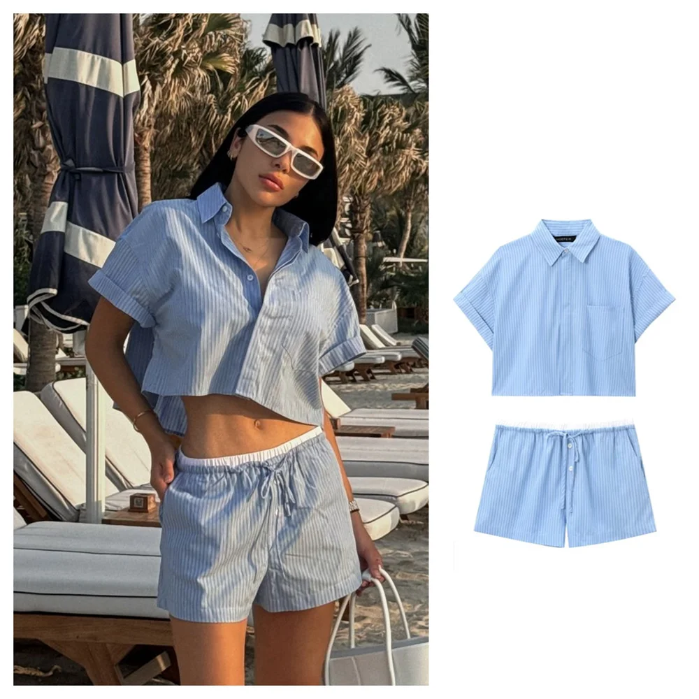 PB&ZA2024 summer new women\'s fashionable temperament casual loose short style lapel shirt high waist shorts two-piece set