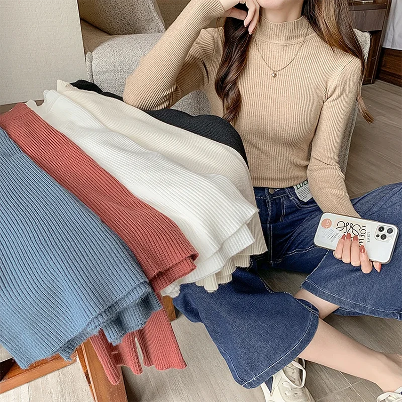 Jesienno-zimowy sweter damski z dekoltem w szpic Vintage Basic Solid Knitted Tops Casual Slim Pullover Korean Swetry Proste Szykowne Swetry