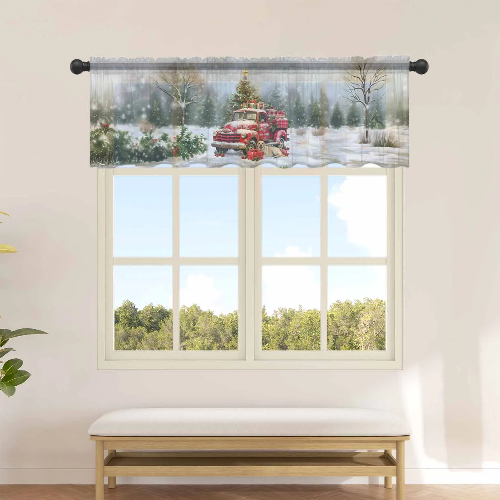 Christmas Forest Truck Dog Evergreen Tree Kitchen Small Window Curtain Tulle Sheer Short Curtain Living Room Voile Drapes