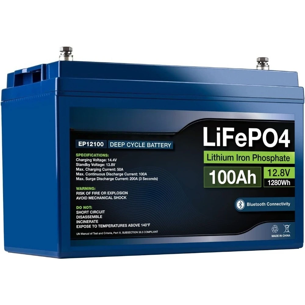 

Литиевая аккумуляторная батарея глубокого цикла LiFePO4 12 В, 100 Ач | Bluetooth | 2500-7000 жизненных циклов и срок службы 10 лет | Встроенный BMS