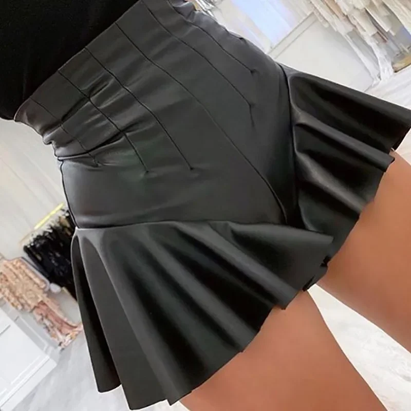 Sexy PU Leather Shorts Retro Club Party High Waist  Black Zip Pleated Gothic Short Feminino 2023 Summer Women Loose Wide Shorts