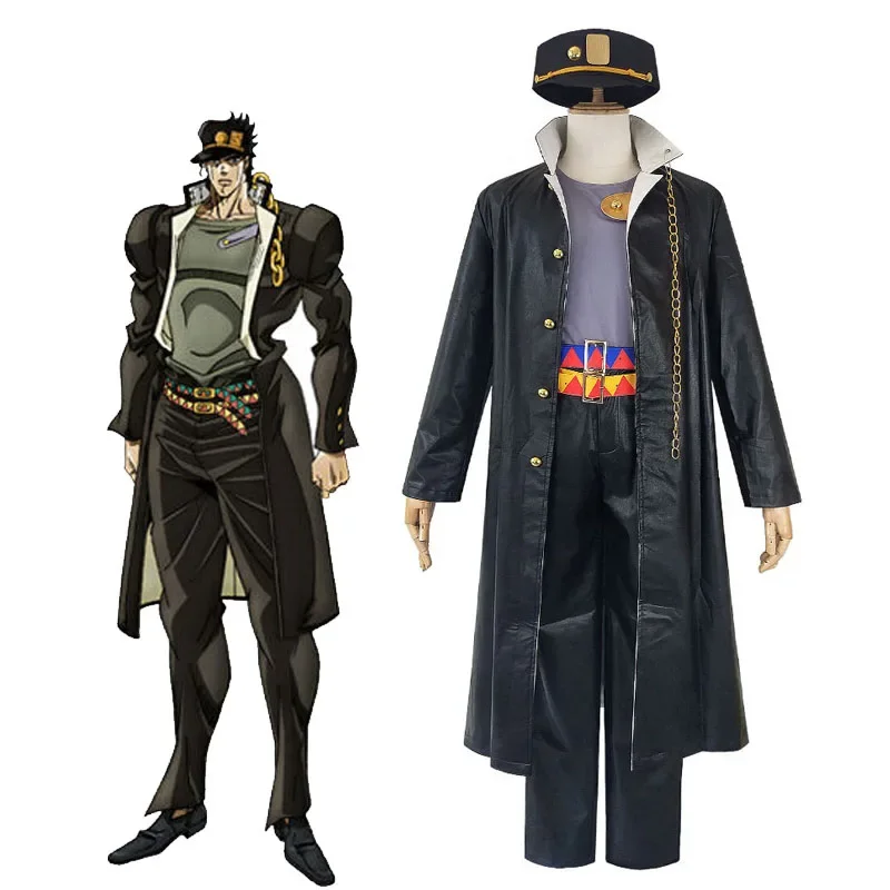 

Anime Bizarre Adventure Cosplay Jotaro Kujo Costume Black Trench Pants Hat Outfit Halloween Party For Women Men