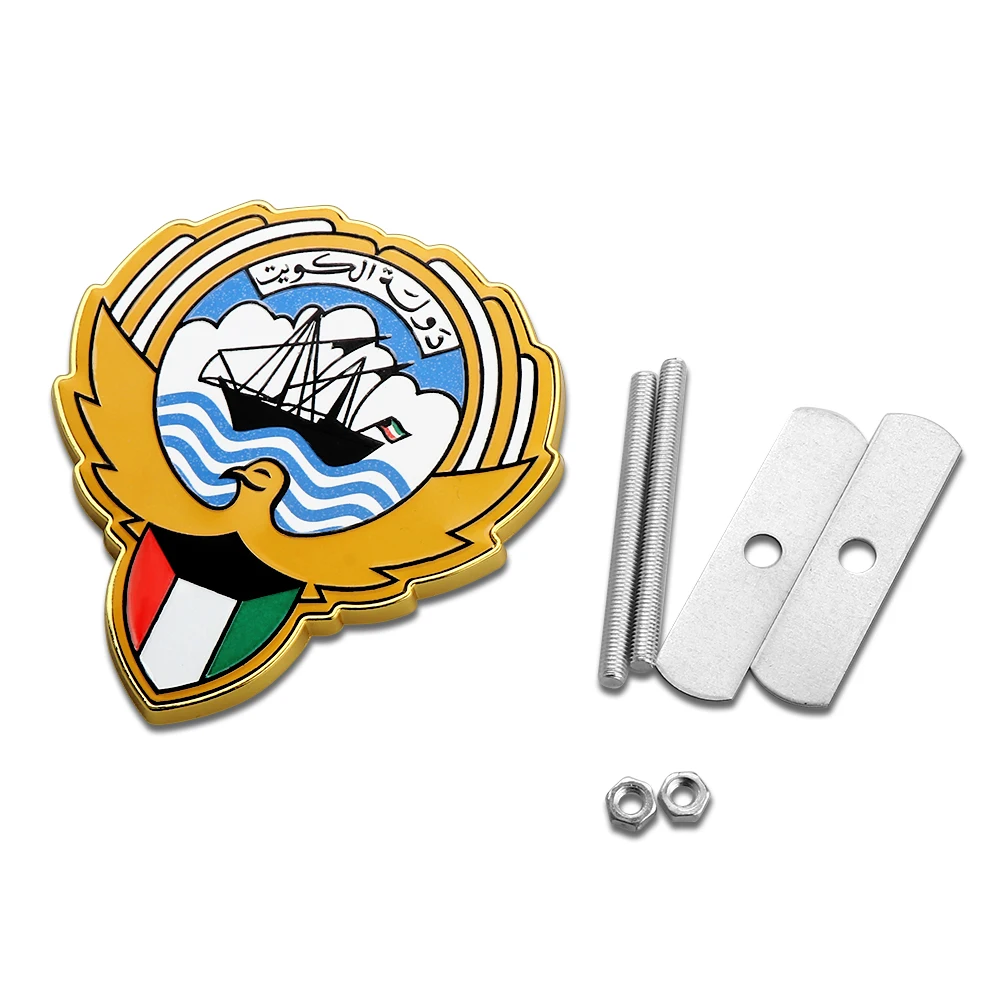 3D Metal Car Front Grille Badge Kuwait National Flag Emblem Auto Decoration Accessories for Land Rover Volvo BMW Toyota Ford KIA