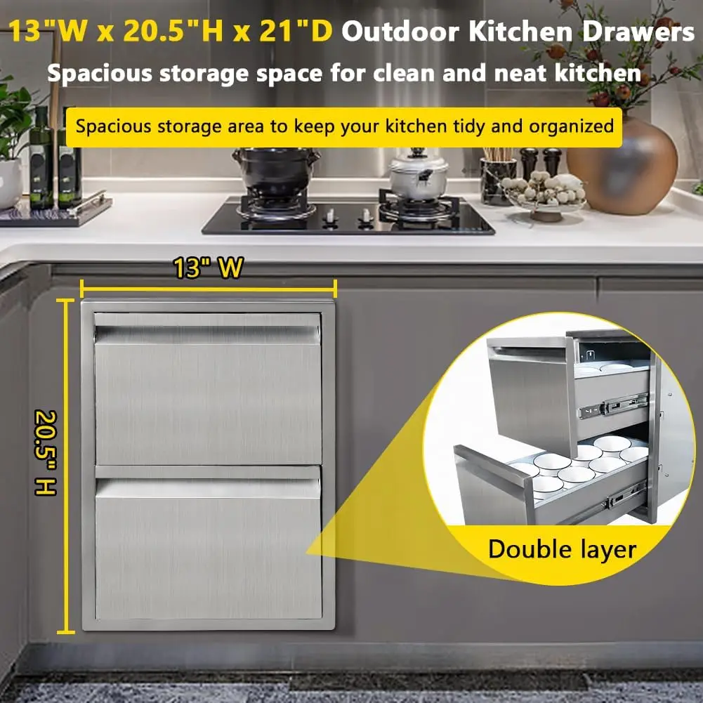 درج مطبخ خارجي، أبواب وصول مثبتة على السطح من الفولاذ المقاوم للصدأ، أدراج شواء بطبقة مزدوجة 13 وات × 20.5 ارتفاع × 21 عمقًا للشواء #5