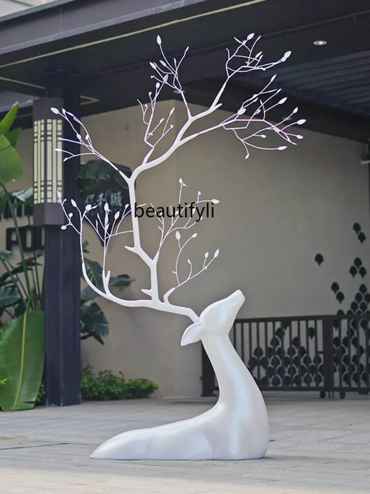 LBX Abstract Deer Sculpture FRP Garden Landscape Golden Sika Deer Decorative Lawn Floor Animal Ornaments