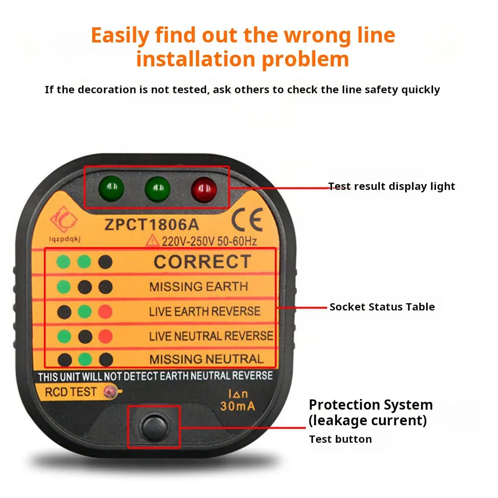 Socket Tester Detector Circuit Polarity Voltage Plug Circuit Breaker Grounding Zero Wire Switch Current Detector Electroscope