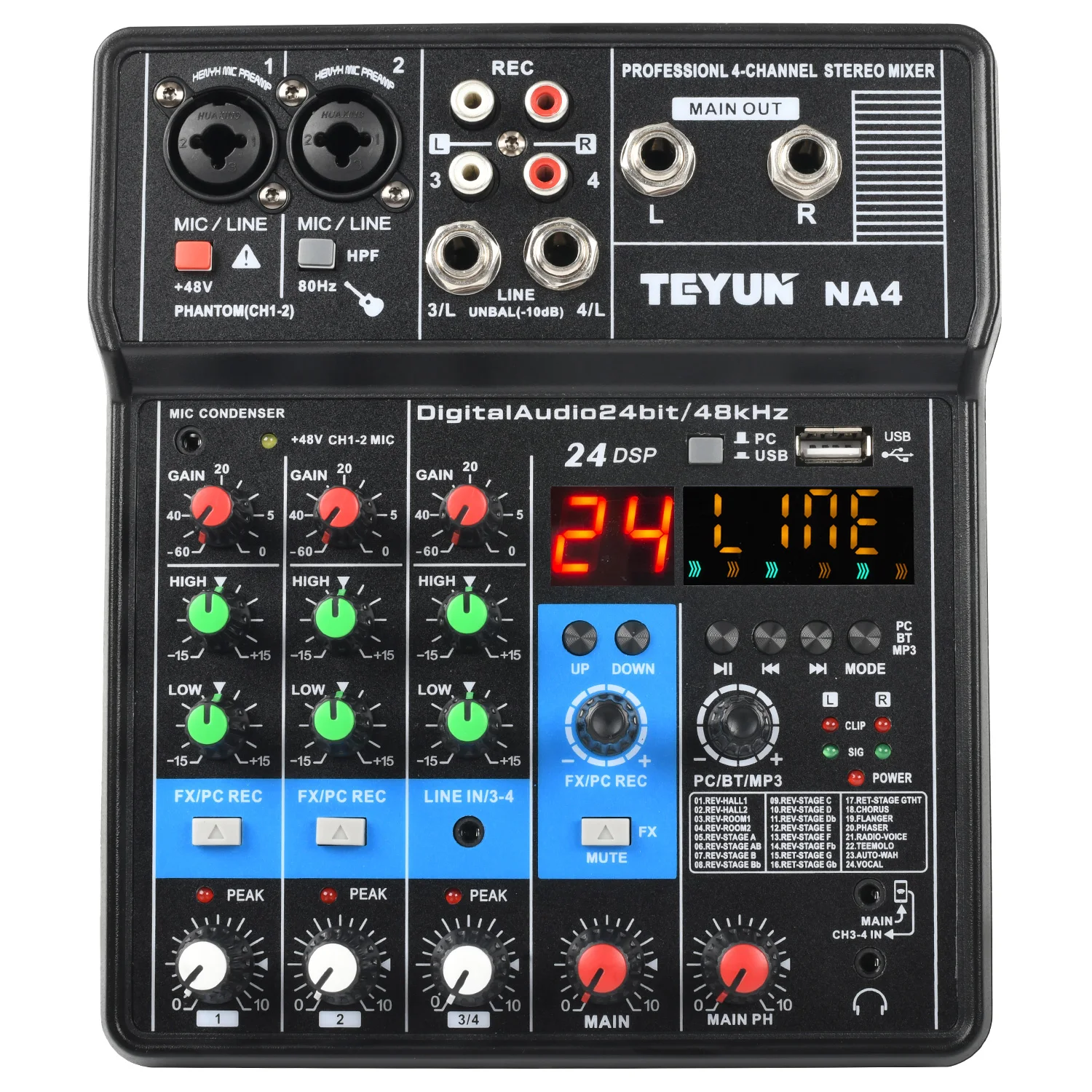 TEYUN Sound Mixing Console 4 Channels Bluetooth Mobile USB Record PC Playback 48V DJ Portable Mini Audio Mixer with 24 DSP NA4