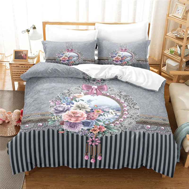 

Floral Bedding Set Chinese Classical Style Flowers Geometric Pattern Print Duvet Cover Quilt Cover Pillowcases Women Room Decor