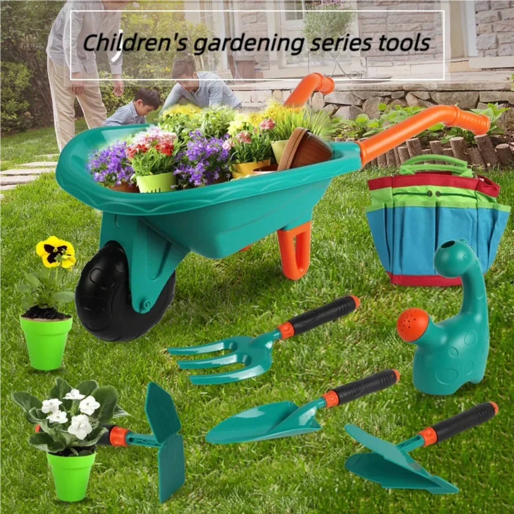 WizKidz Kids Gardening Tool Set with Wheelbarrow Watering Can Gloves Rake Shovel Trowel Double Hoe Apron Boys Girls Outdoor Toys