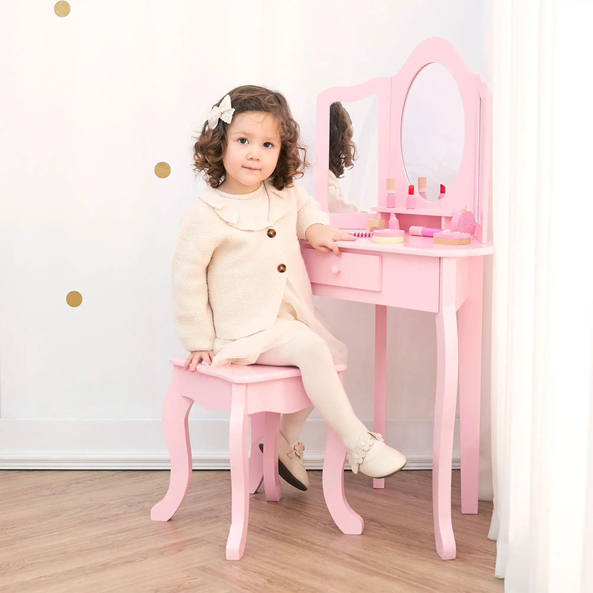 Kids Alessandra Kids Corner Vanity Table & Stool, Pink Drawers for hair accessories, jewelry, cosmetics and other treasures