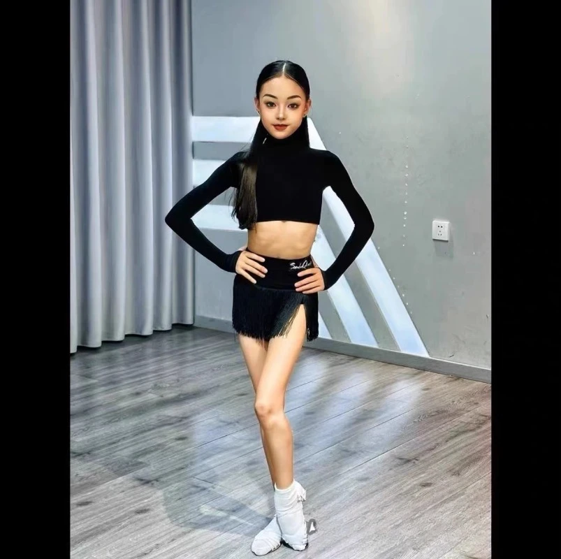 Girls' New Autumn and Winter High Necked Long Sleeved Denim Samba Bullfighting Cha Cha Rumba Training Clothes Tassel Skirt Set
