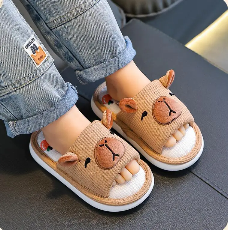 Capybara Kinder-Leinenhausschuhe Frühling Herbst Rutschfeste Weiche Sohle für Jungen Mädchen Eltern-Kind Hausschuhe Damen Bodenschuhe – Detail 2