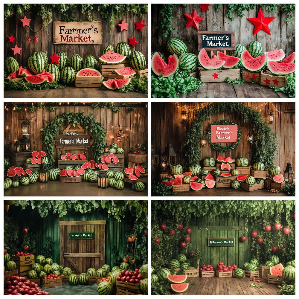 agricultores-mercado-fotografia-pano-de-fundo-placa-de-madeira-plantas-verdes-frutas-melancia-criancas-festa-adulto-retrato-foto-fundo-decoracao