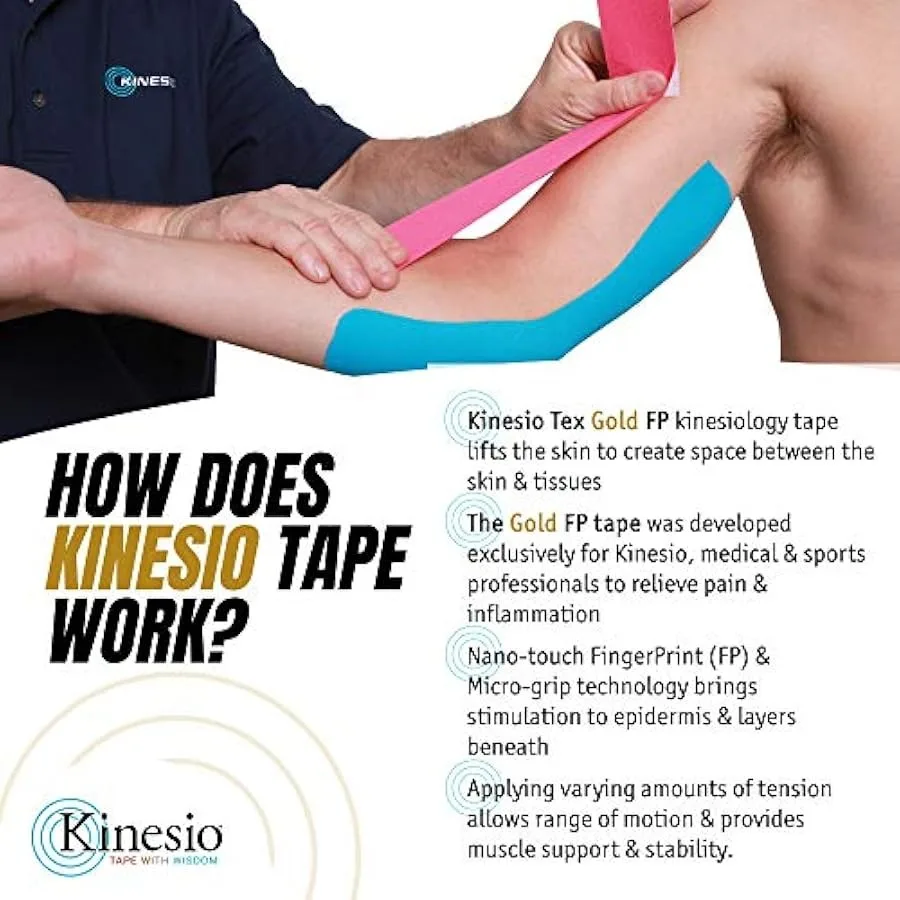 Kinesio Taping - Pacote de fita atlética terapêutica elástica Tex Gold FP - Azul Vermelho e Bege Um rolo de 2 pol. x 16,4 pés - 3 rolos