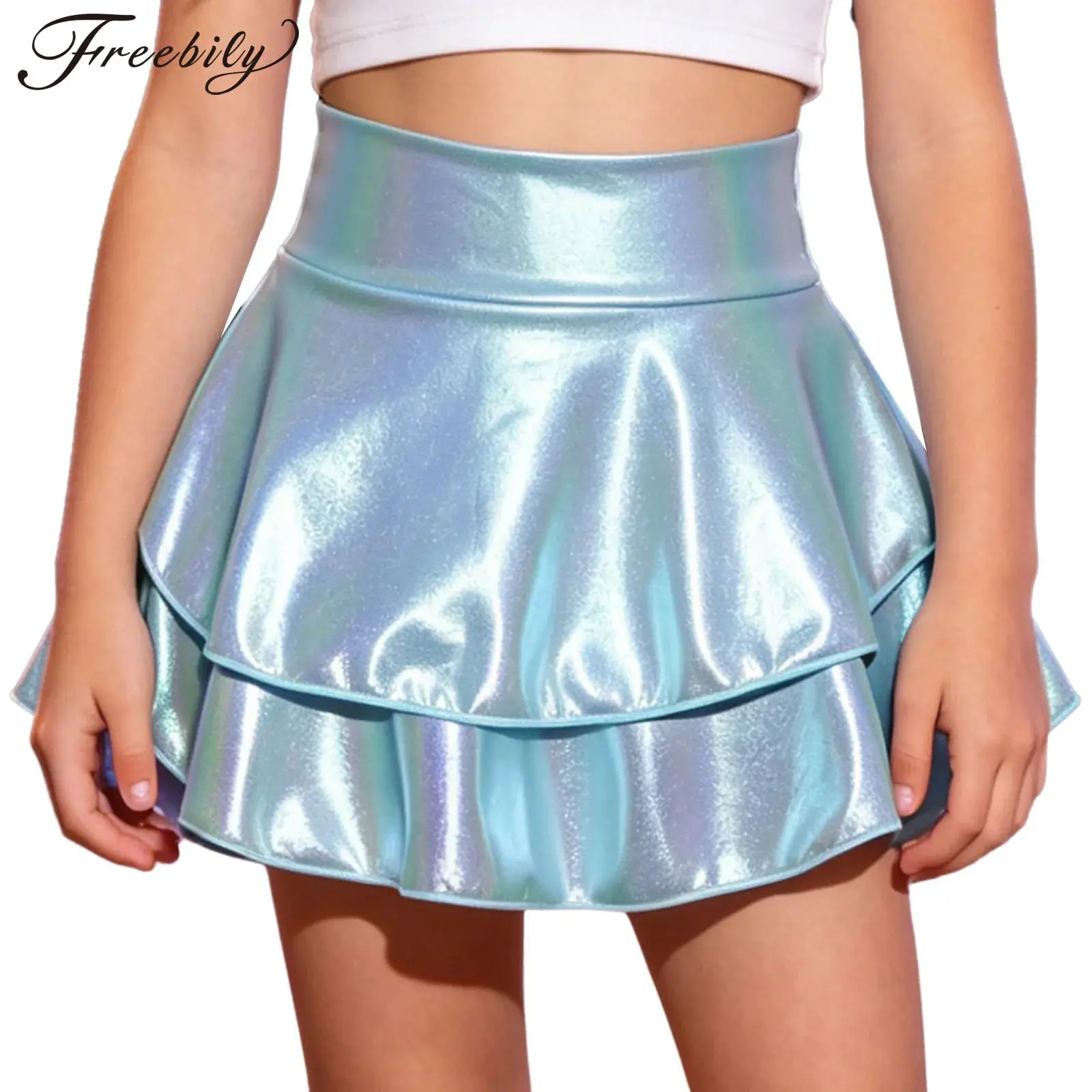 Kids Girls Metallic Jazz Hip Hop Dance Skirt High Waist Double-layer Ruffled A-Line Skirts Cheerleading Performance Costume