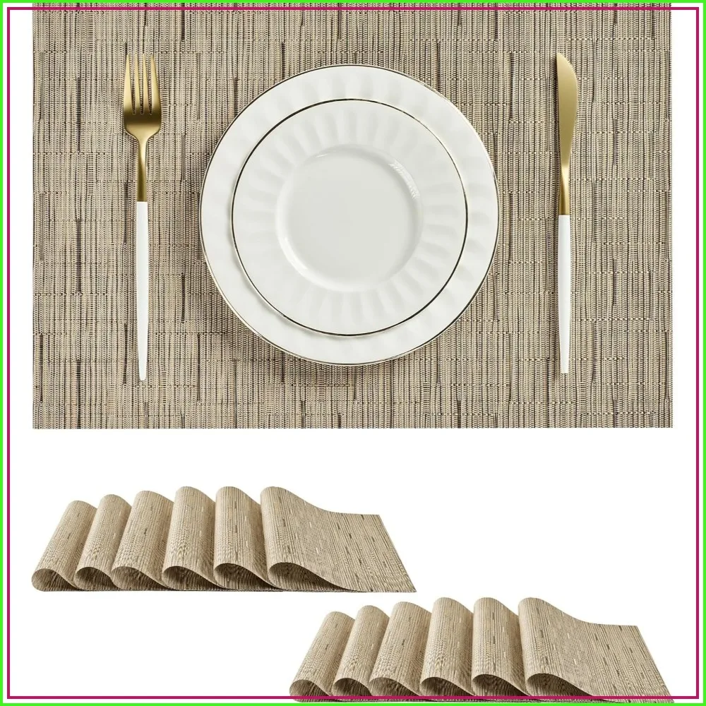 

Heat Resistant Non-Slip Placemats Set of 24 - Washable Durable PVC Vinyl Woven Table Mats for Dining Table, Light Brown