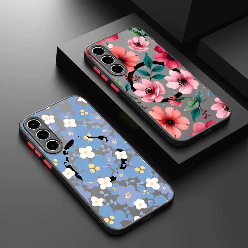 Flower Printed Magnetic Phone Case For Samsung Galaxy S26 S25 S24 Ultra S25 S23 FE A57 A56 A37 A17 A55 A16 A36 A15 Acrylic Cover