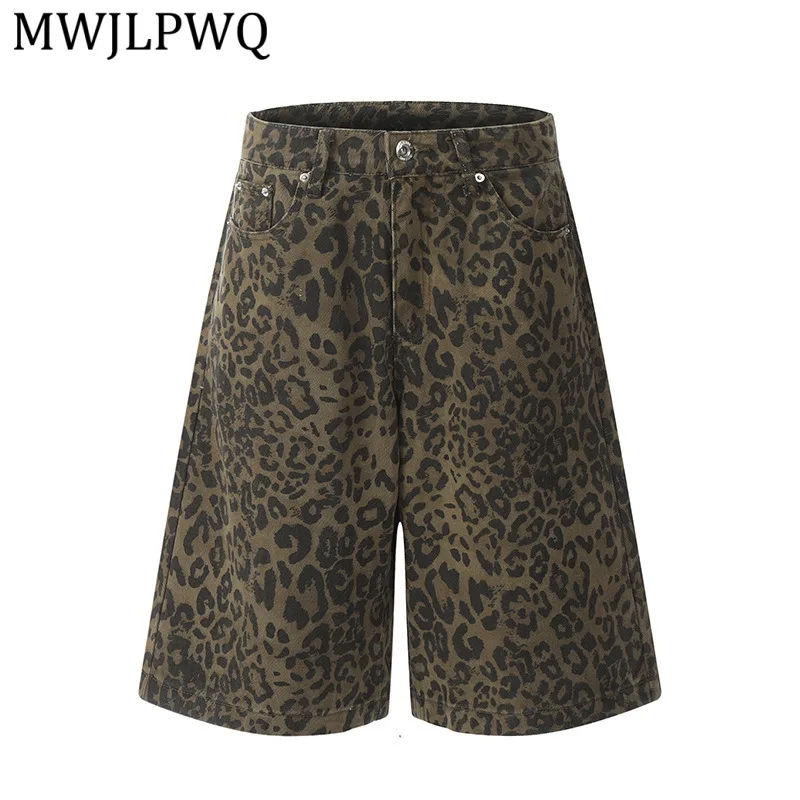 

MWJLPWQ Американские ретро-шорты унисекс с леопардовым принтом, прямые, широкие, модные, в уличном стиле, свободные джинсовые шорты, летние капри 13734