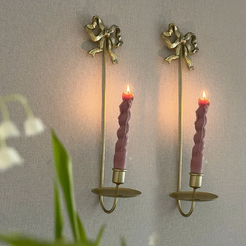 French Retro Wall Mounted Bowknot Candlestick European Wrought Iron Carved Wedding Decoration Candle Holder Home Decoration