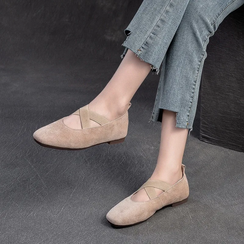 Birkuir Retro Cross Belt Dancing Shoes For Women Flats Mary Jane Elastic Band Shoes Cow Suede Casual Boat Shoes For Ladies