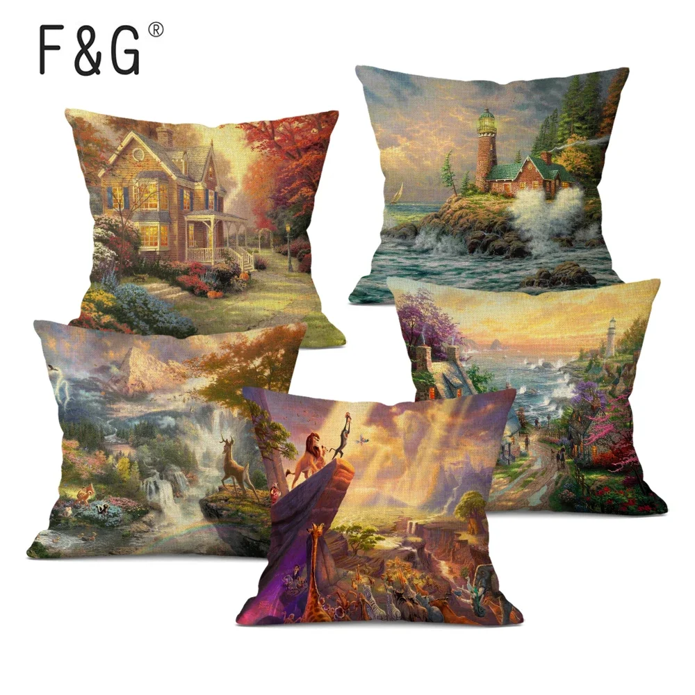 Thomas Rural Forest Scenic Print Cushion Cover Dreamy Village Town Scene Sofa Decoration Throw Pillow Case