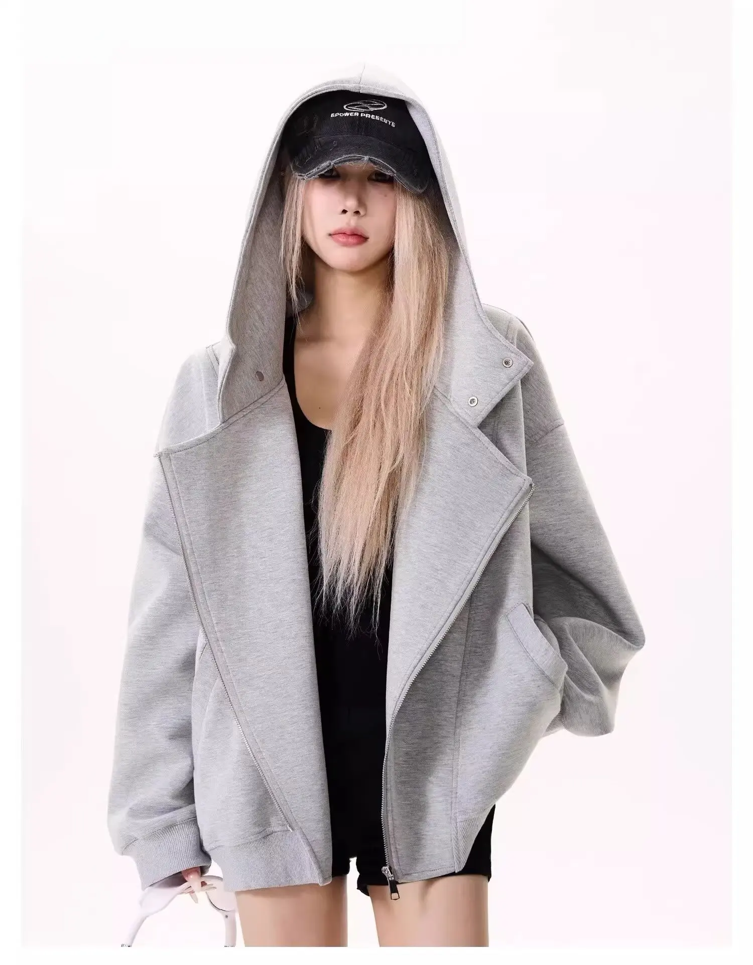 

Slant Zipper Cardigan Hooded Sweatshirt Women's Autumn Winter Heavyweight Textured Wide Silhouette Jacket Casual trend sweatshir