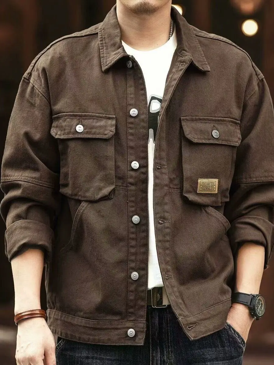 Retro American Denim Jacket Men's Spring Autumn Casual Outdoor Workwear Jacket Loose Fit Multi Pocket Cotton Long Sleeve