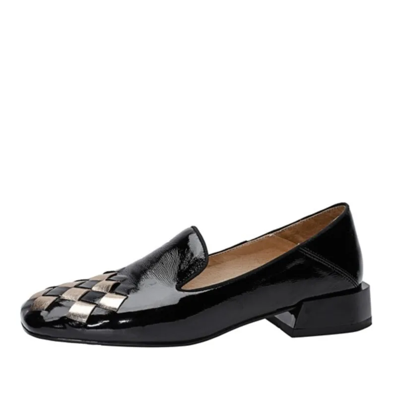 Dilalula 2026 Echt Koe Lakleer Gevlochten Loafers Vrouwen Vierkante Neus Med Dikke Hakken Patchwork Pompen Vrouwelijke Casual Schoenen