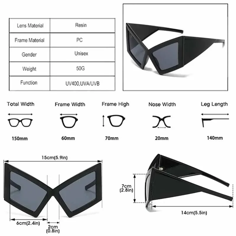 Oversized Cat Eye Sunglasses Personalized Hip Hop Streetwear Shades Trendy Eyewear For Beach Party Outdoor Activities