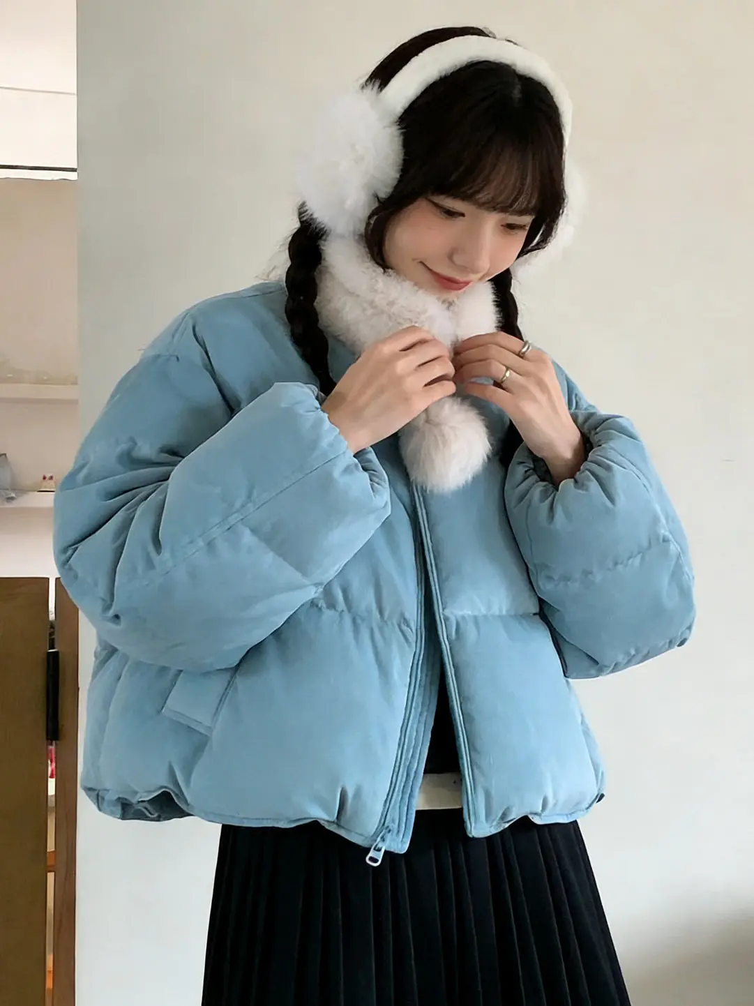 

Blue Thiened Loose Cotton Jaet Women's Faionable Winter Outerwear Warm round Ne Coat Korean Sle Long Sve Zipper
