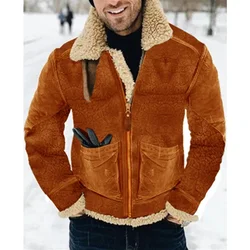 Men's Pocket Plush Warm Coat Autumn Winter New Leather and Fur Coat Men's Fashion Long Sleeve Zipper Turn-down Collar Coat