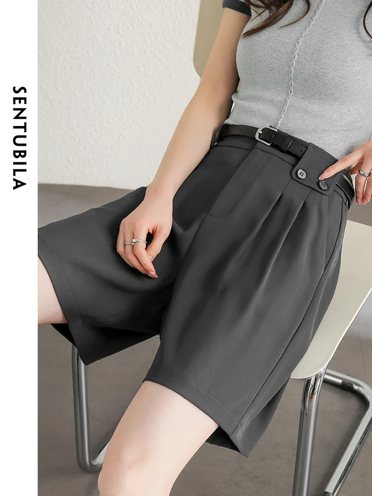 SENTUBILA Women's Commute Wide Leg Shorts 2025 Summer College Style Design Short Dress Pants Female Gray Trousers 142K54505