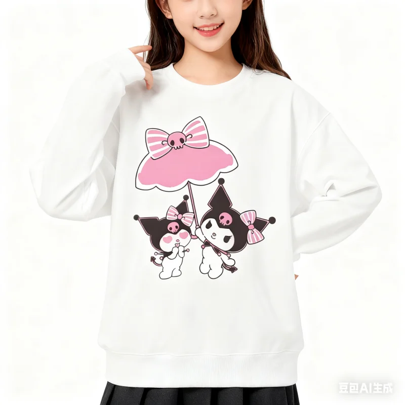 

2025 Sanrio Series Printed Crew Neck Long-Sleeve Top, Cute and Warm Fleece-Lined Crew Neck Long-Sleeve T-Shirt, 100% Cotton