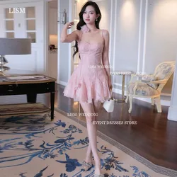 LISM Sexy Pink Full Lace A-Line Mini Evening Party Dresses Photo Shoot Spaghetti Strap Short Summer Formal Occasion Dress 2024