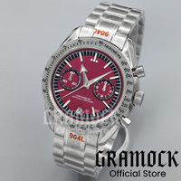 Gramock 2025 40mm Silver Fixed Bezel Retro Men‘s Moon Quartz Watch For Speed Sports Chronograph Coated VK64 Quartz Steel Strap