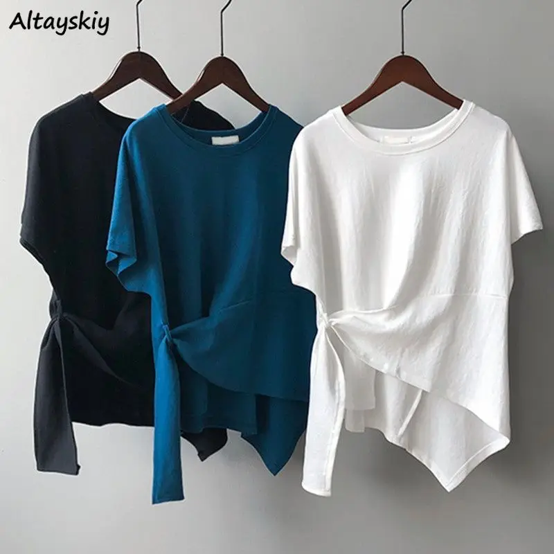 Short Sleeve T-shirts Women New Design Loose Korean Fashion Ins Simple Solid Students Футболка Женский Bandage Trendy Ulzzang