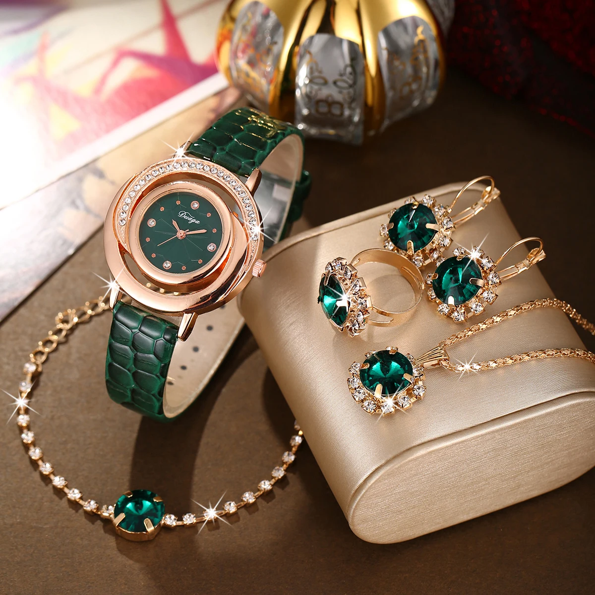 6pcs elegant green quartz watch set with leather watch, alloy case, pointer dial, electronic core, simple and versatile