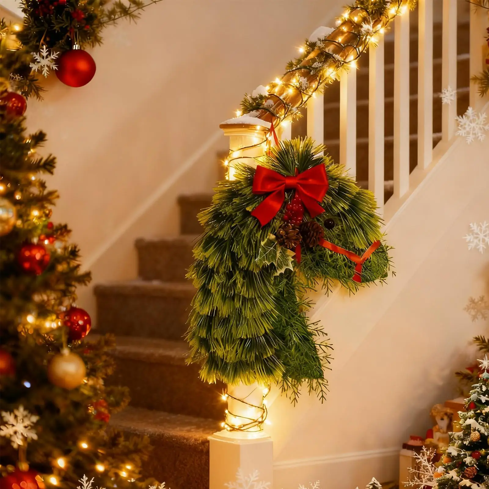 Corona navideña para puerta delantera, corona navideña reutilizable con cabeza de caballo festiva con cinta para chimenea de ventana interior y exterior