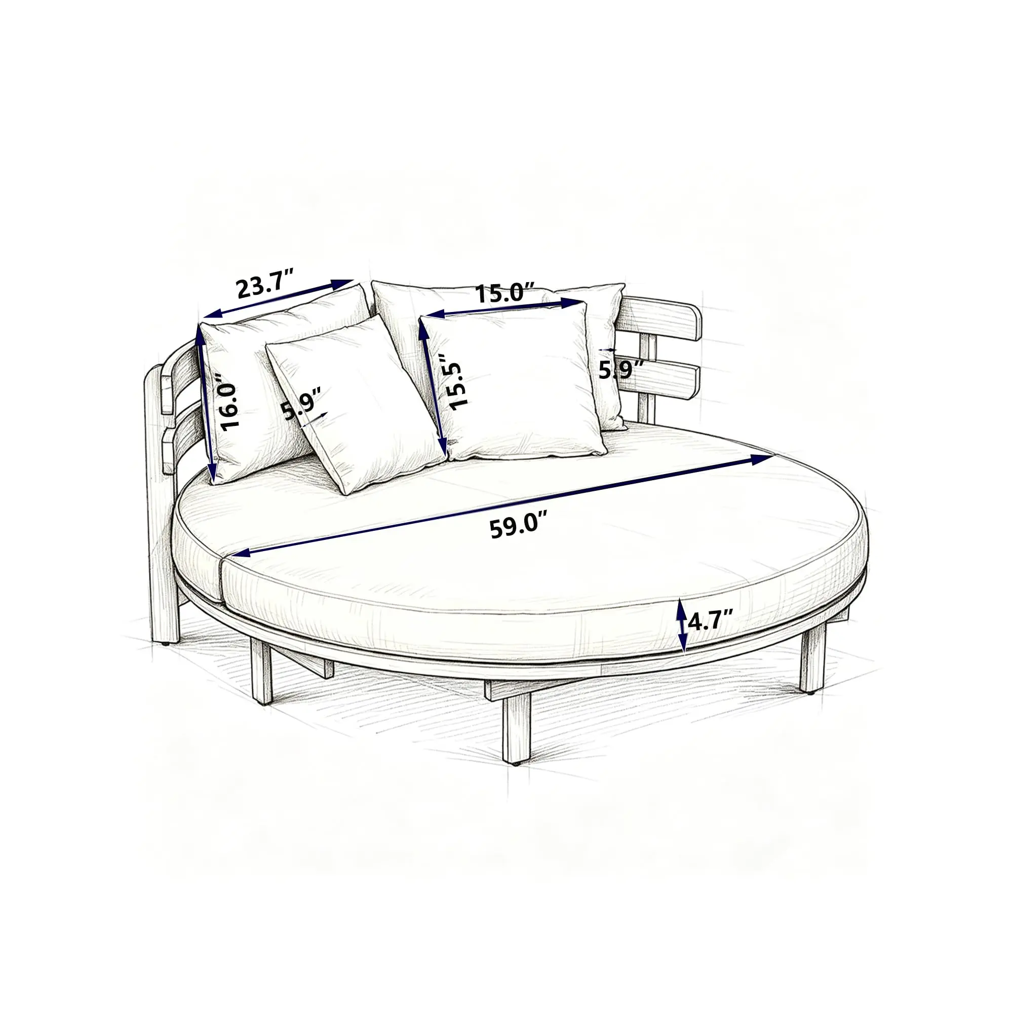 Outdoor Round Daybed, Acacia Wood Patio Day Bed with Soft Cushions and Pillows, Sunbed Lounger for Backyard, Poolside