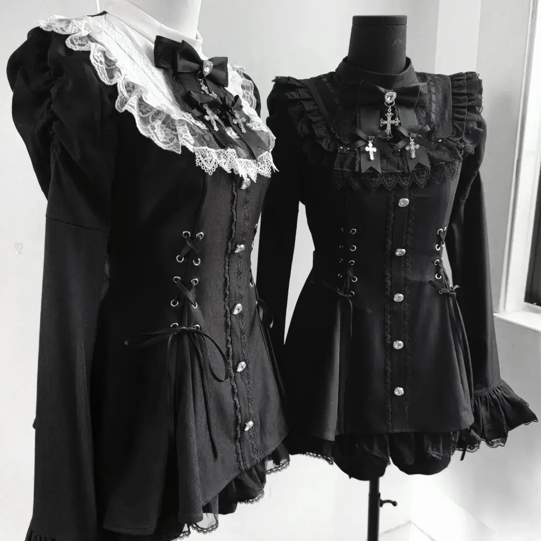 Women Gothic Lace Flare Sleeve Button Shirt Dress Japanese Punk Party Mini Dress Y2k Aesthetic Lolita Style Bow Dress Shorts Set