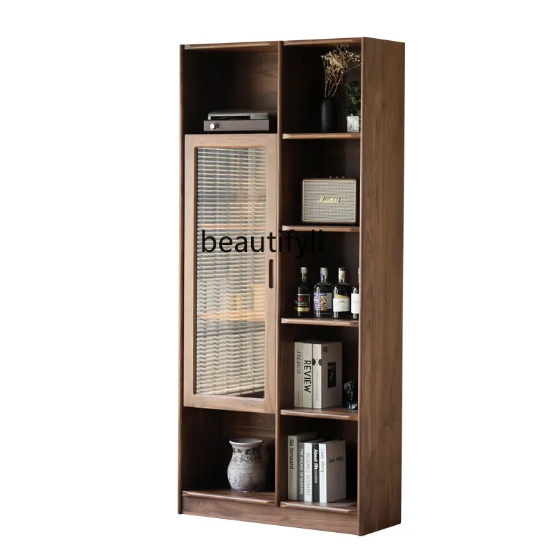 

Black Walnut Solid Wood Bookcase Home Floor American Glass Door Storage with Door Cherrywood