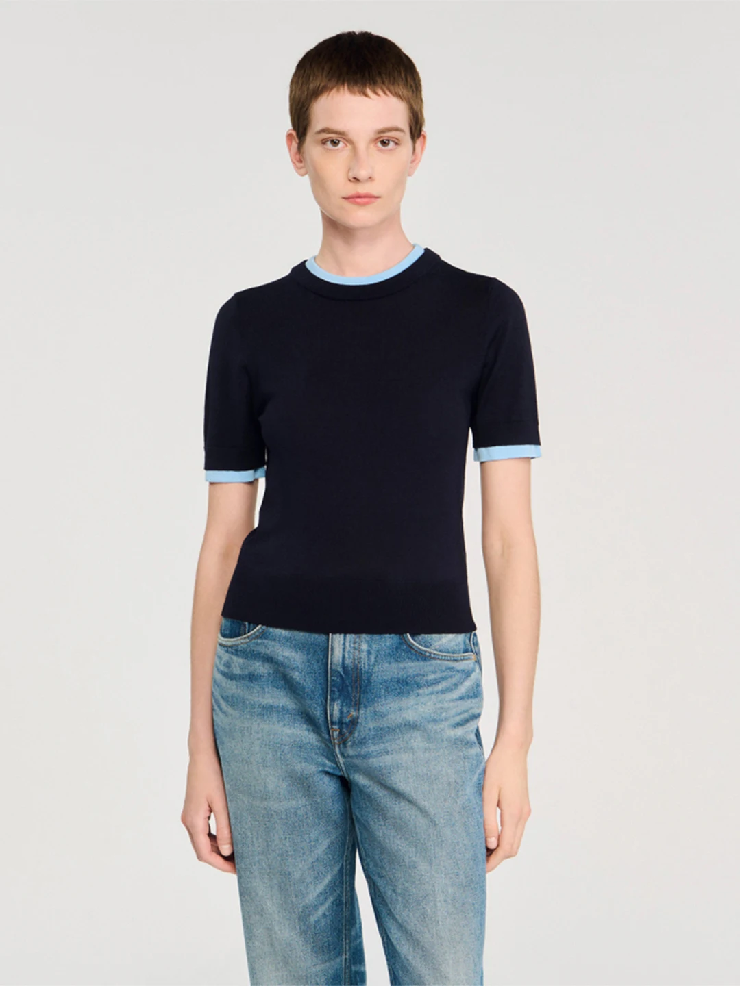 

Ele ort Sve Knitted Sweater Fake Two-Piece Design Metal Detailing Commute Sle Medium Softn Regular Fit Ladies F...