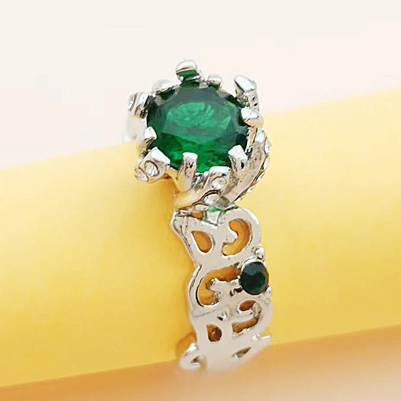 

Jianjie Light Luxury Women's Green Zircon Silver Carving Hollow Rings Party Shining Elegant Accessories Trend Tide