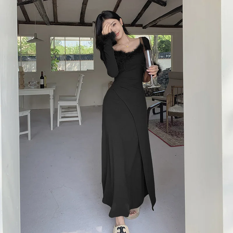 

Женское черное асимметричное вечернее платье с v-образным вырезом и перьями, облегающая юбка-карандаш с высокой талией, нишевое длинное цельное платье