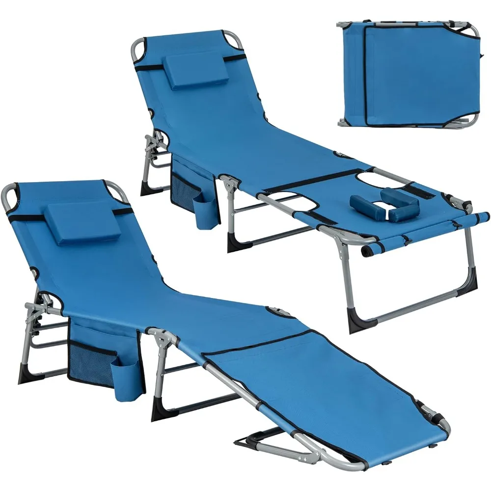 

Tanning Chair, 5-Position Adjustable Beach Chair with Face & Arm Hole, Hand/Shoulder Strap, Removable Pillow, Side Pocket, 400