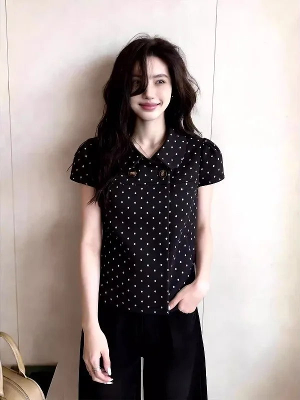

Large Size Polka Dot Design Fashionable Summer Women's Shirt Double Button Retro Short Sleeve Turn-down Collar Commute Style