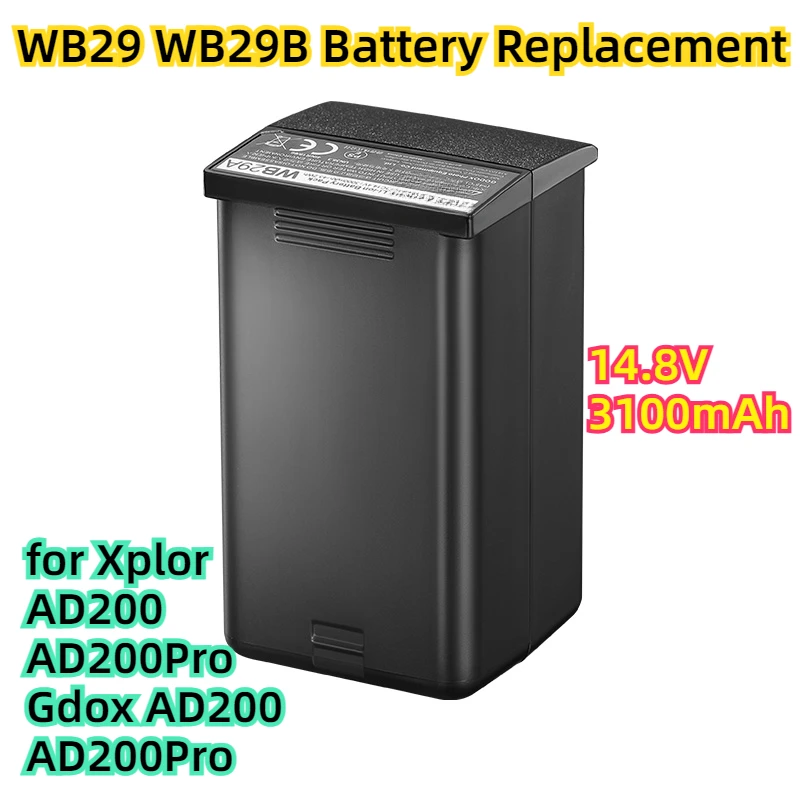 WB29 WB29B Battery Replacement 14.8V 3100mAh for Xplor AD200 AD200Pro Gdox AD200 AD200Pro